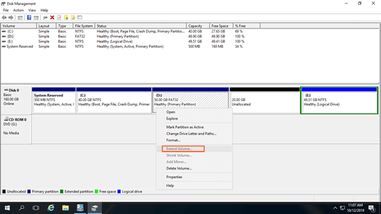 Volume erweitern deaktiviert